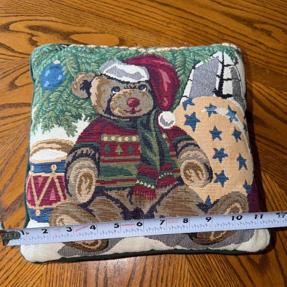 Vintage Christmas Teddy Bear Tapestry Throw Pillow 11x11 Holiday Decor